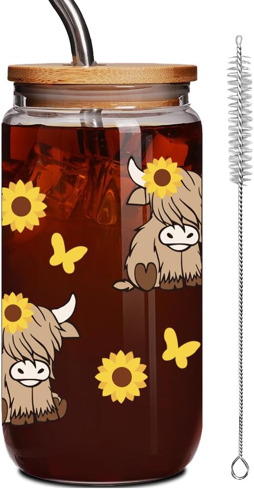Taza de vidrio Highland Cow con tapa y pajita, regalo para mujeres amantes del café