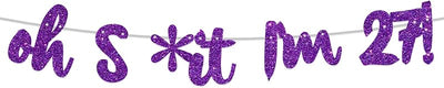 Pancarta cumpleaños 27 purpura con purpurina decoración fiesta