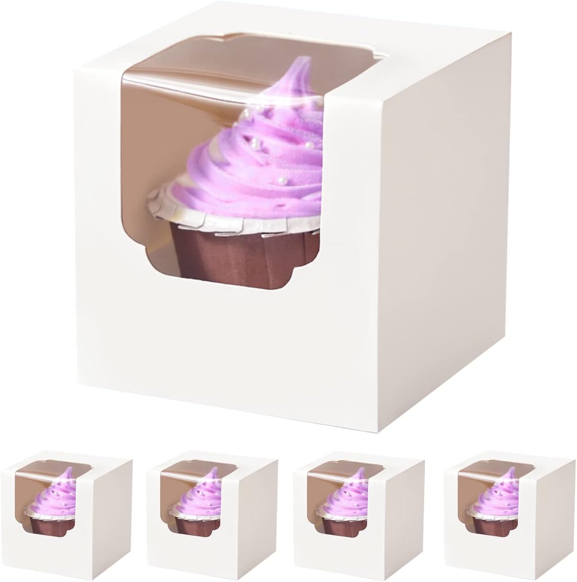 100 Cajas Cupcakes Blancas 3.5" Ventana Premontadas