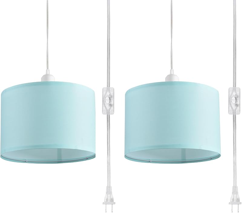 2 Luces Colgantes Enchufables 15" Pantalla Tela Azul