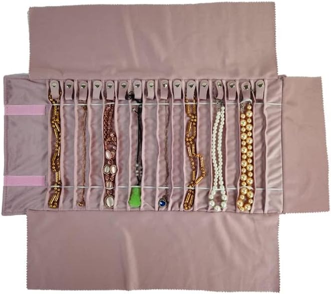 Bolsa viaje joyas enrollable 16 cadenas terciopelo rosa