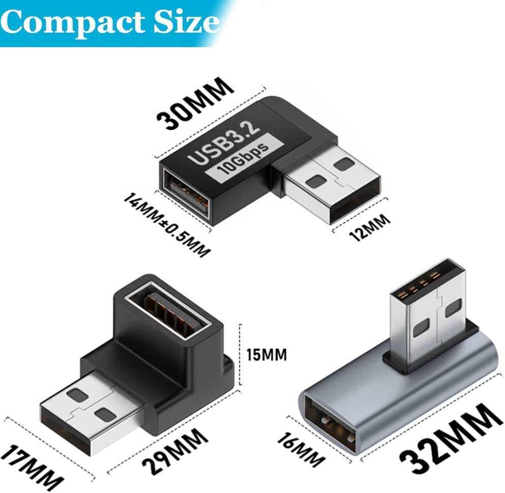 6 Pzas Adaptador USB 3.1 Macho a Hembra 10 Gbps 90 Grados