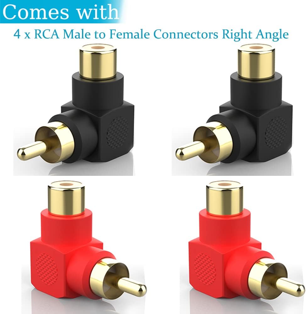 Adaptador RCA 90 grados set 4 chapado oro 2 negros 2 rojos