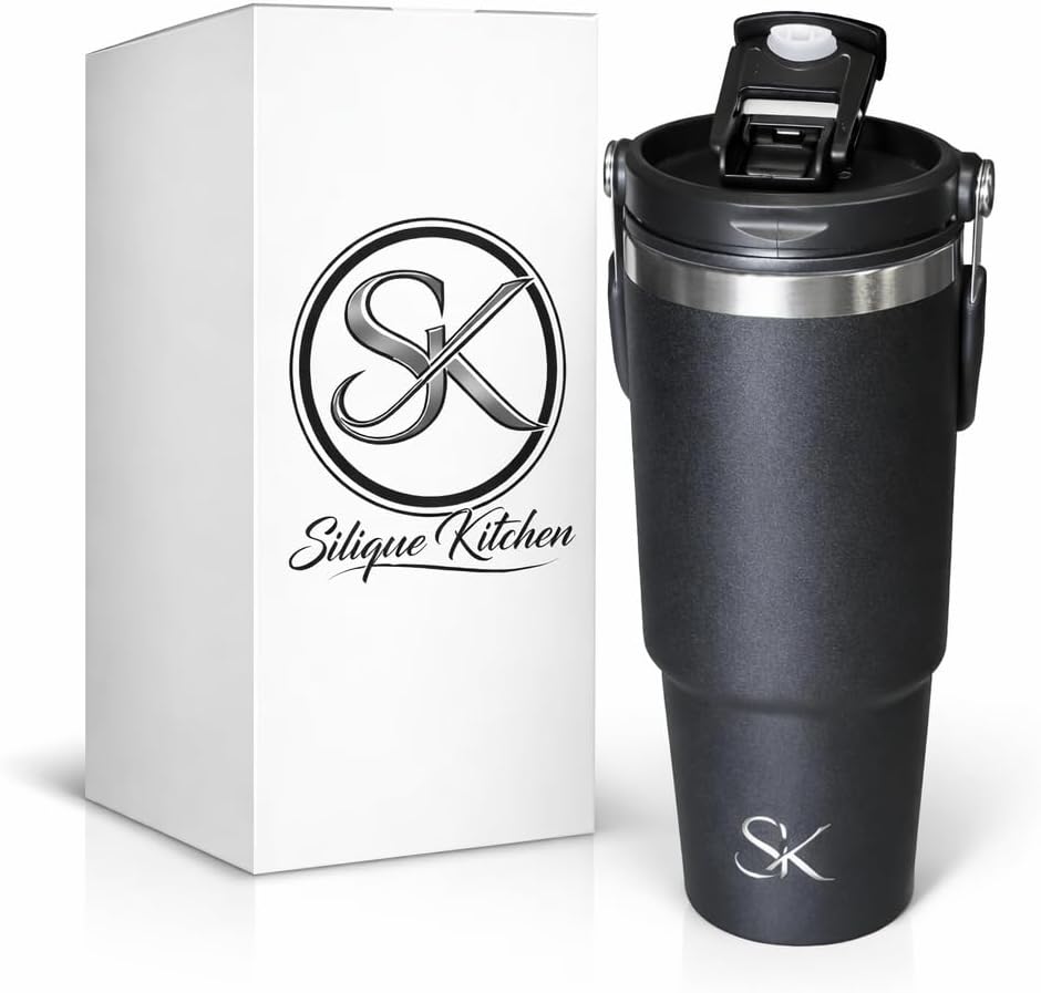 Vaso térmico acero inox 30oz con tapa 3 vías mango plegable