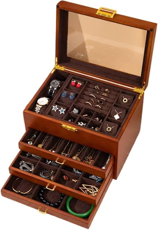 Joyero madera maciza 5 capas cerradura terciopelo vintage