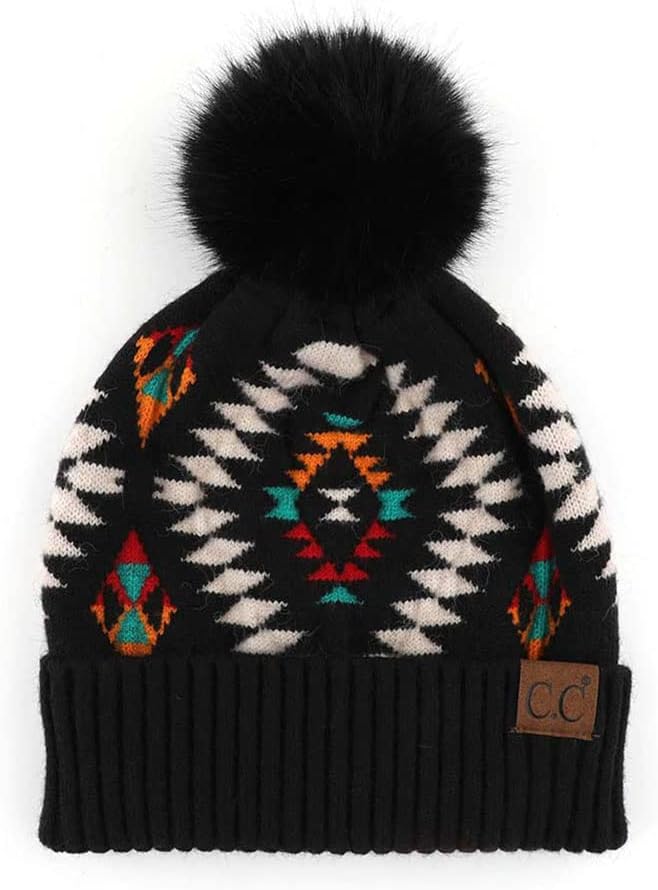 Gorro invierno punto azteca pompón piel sintética mujer
