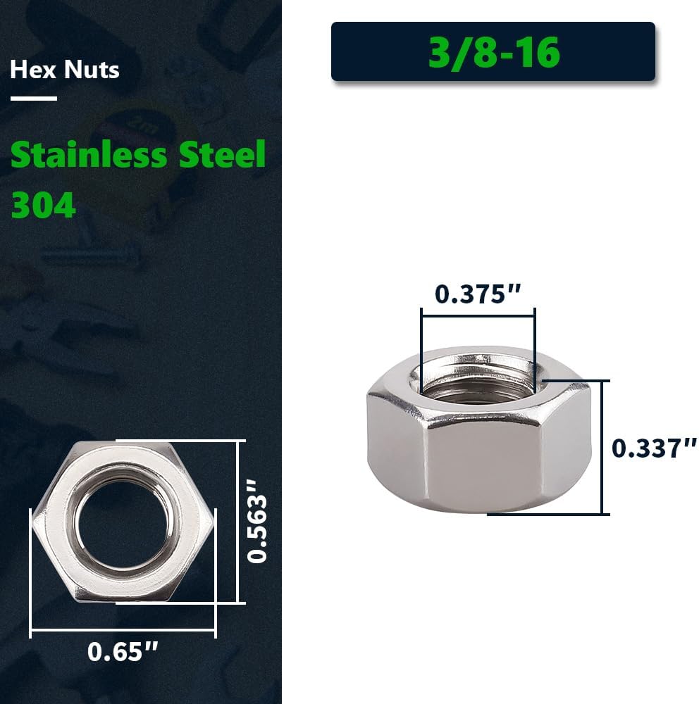Tuercas hex 3/8-16 acero inox 304 SS paquete 20