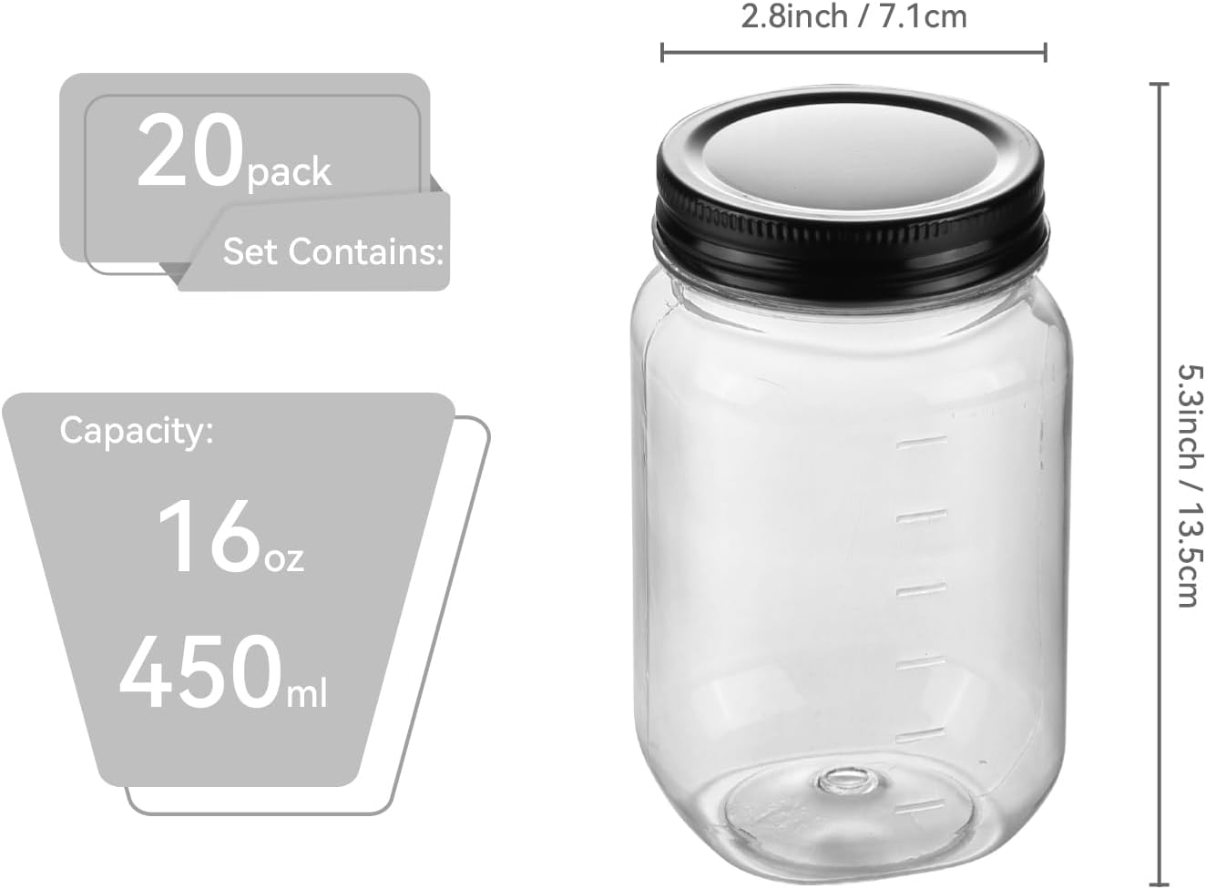 20 Pzas Tarros Plástico Negro 16oz con Tapas
