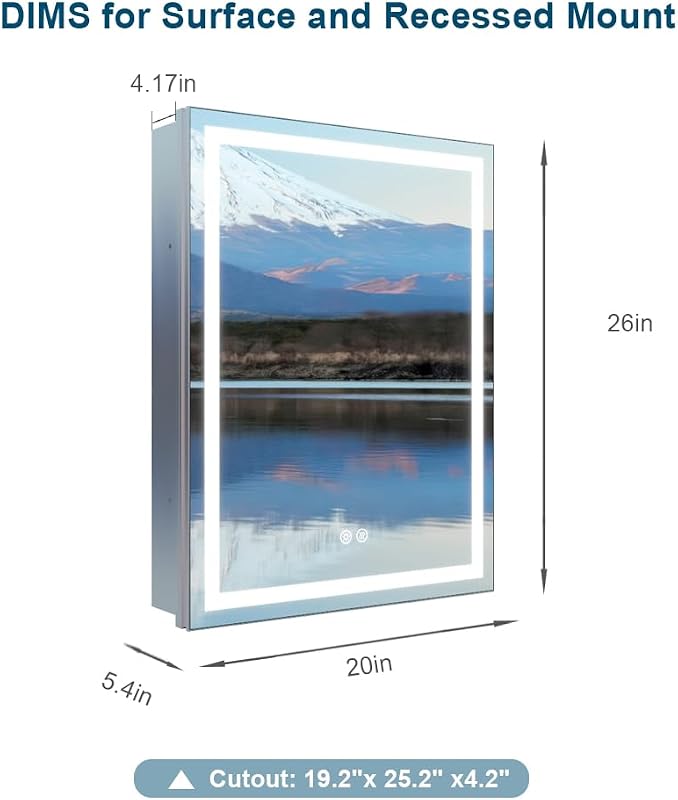 Botiquín baño LED 20x26" aluminio con espejo doble y enchufe