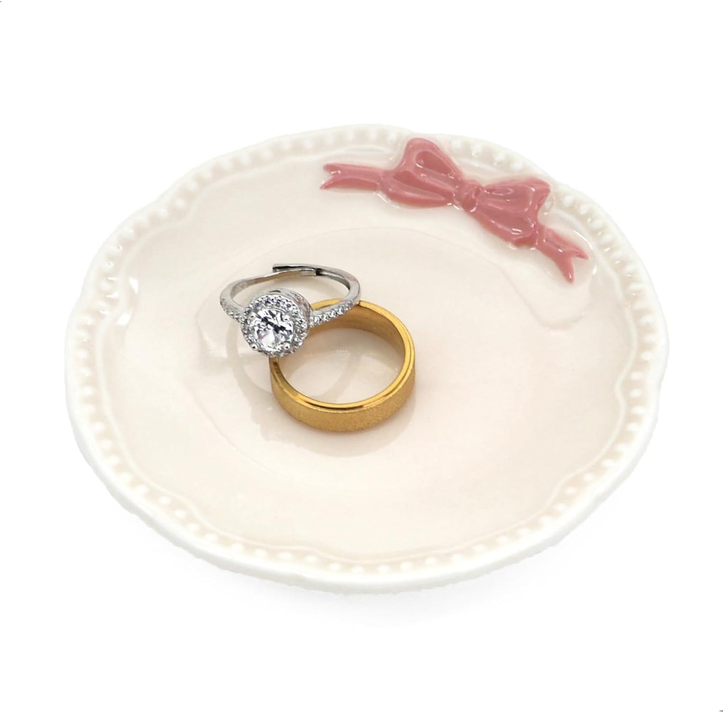 Plato cerámica anillos blanco lazo rosa bandeja joyas