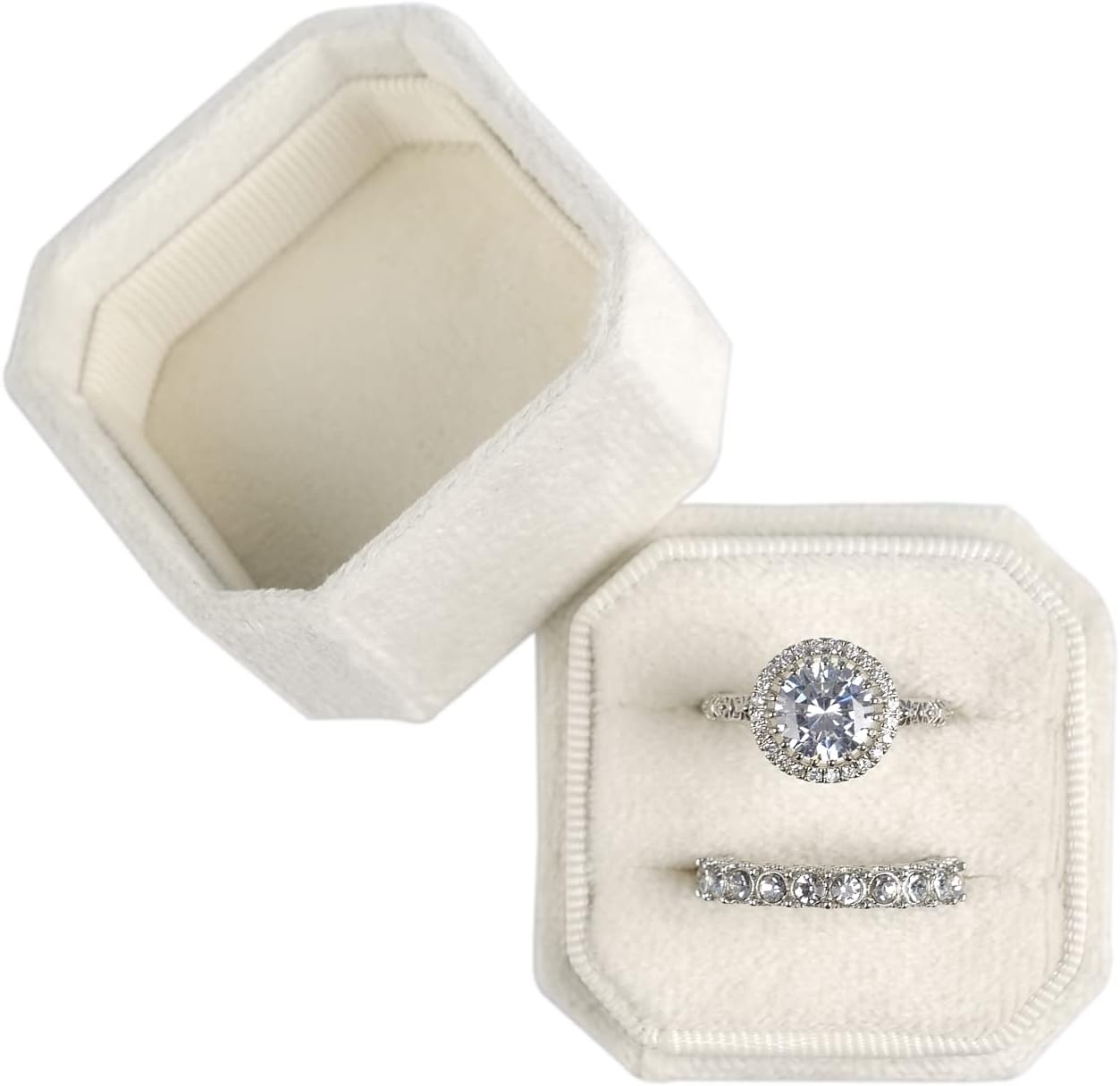 Caja terciopelo anillos doble ranura joyería octágono