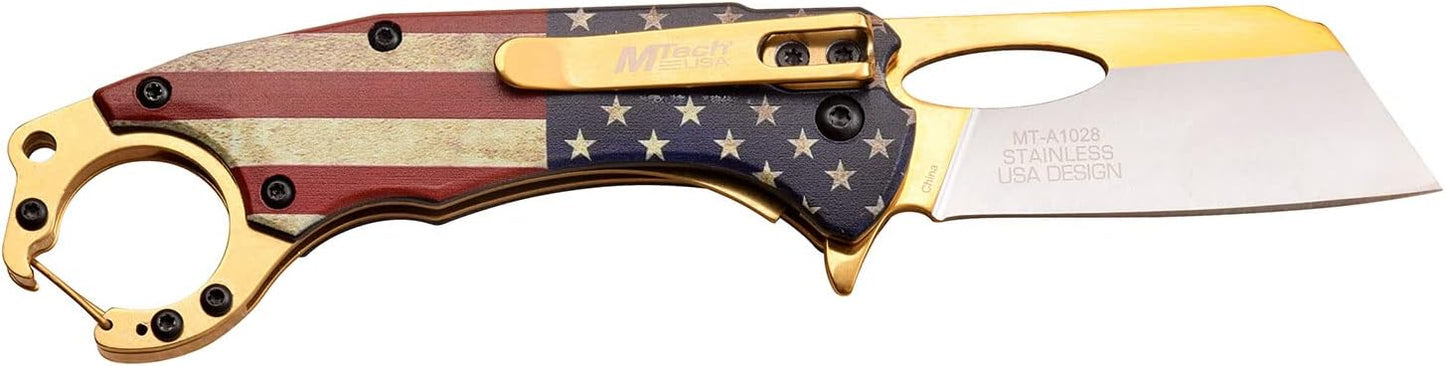Cuchillo plegable acero inox dorado mango aluminio mosquetón