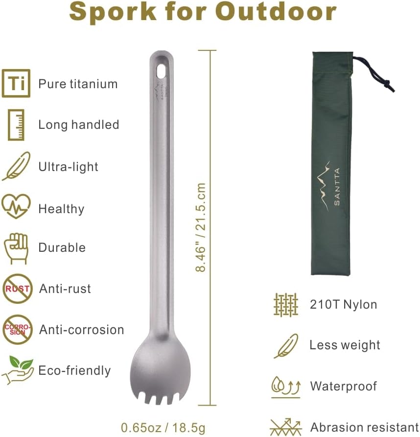 Tenedor titanio mango largo cuchara 8.5pulg bolsa mochilero camping