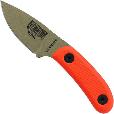 Cuchillo hoja fija mango naranja G10 hoja oscura funda negra