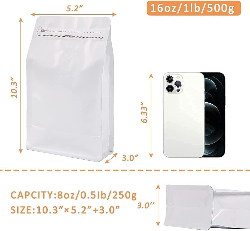 Bolsas café con válvula 16oz 50uds papel aluminio blanco