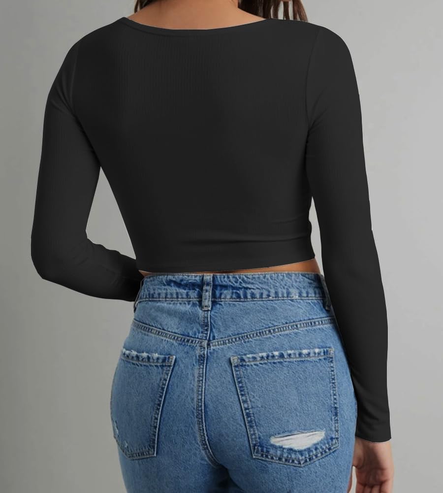 Blusa corta manga larga mujer cuello redondo ajustada