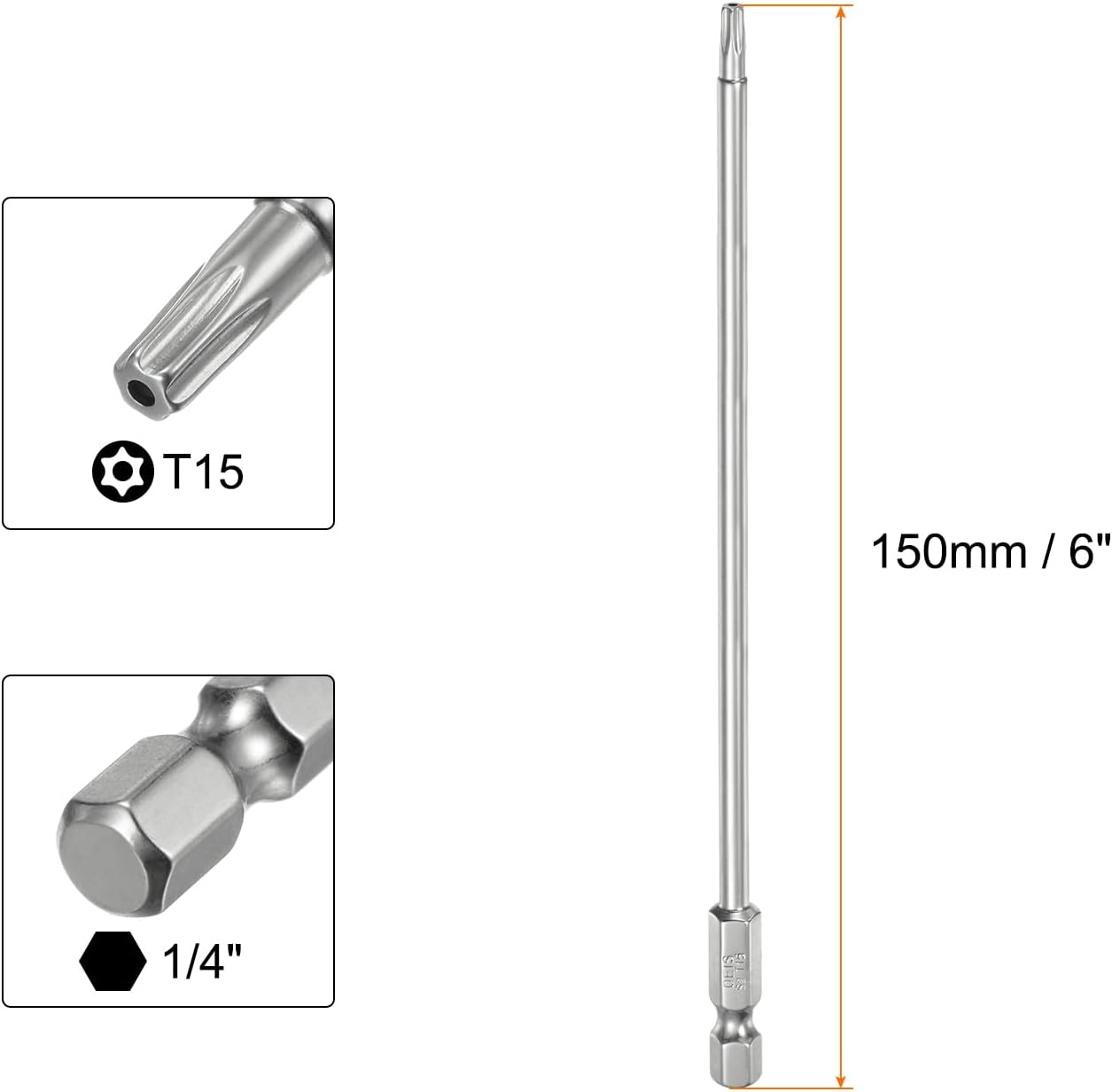 Broca Torx T15 1/4pulg vástago hex 6pulg acero S2 magnético