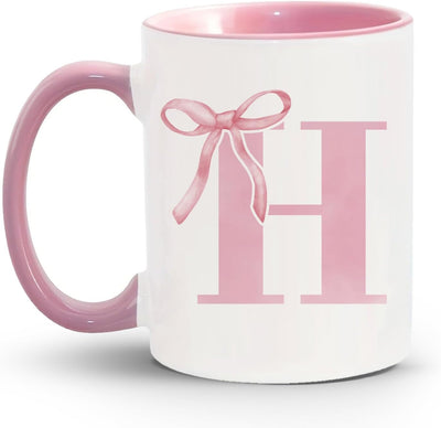 Taza café cerámica rosa con monograma h lazo coqueta
