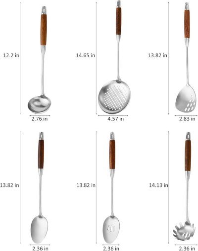 Set 6 Utensilios Acero Inox 18/10 Mango Madera Resistentes Calor