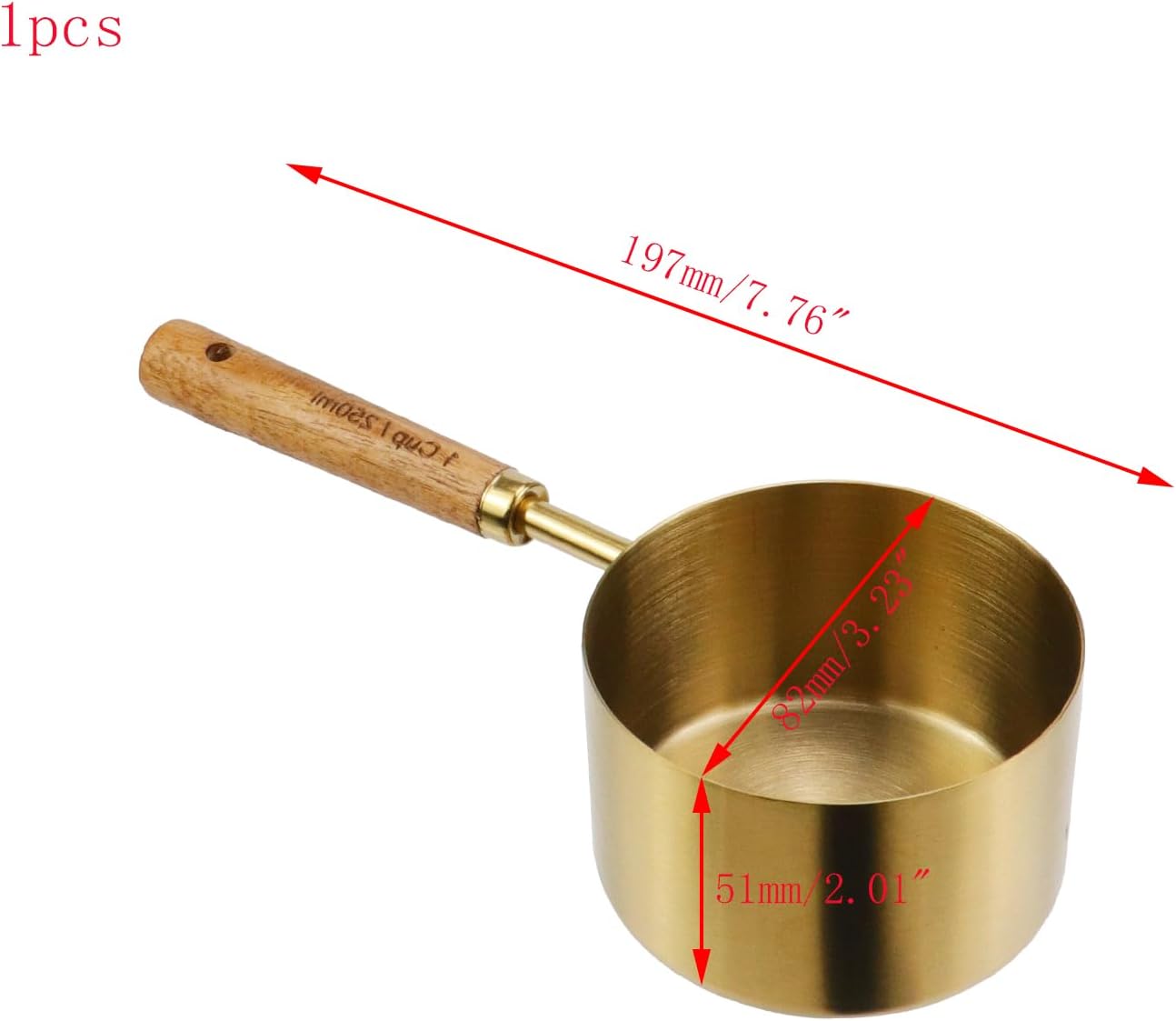 Taza medidora con mango madera y cuchara acero inox 8.5oz