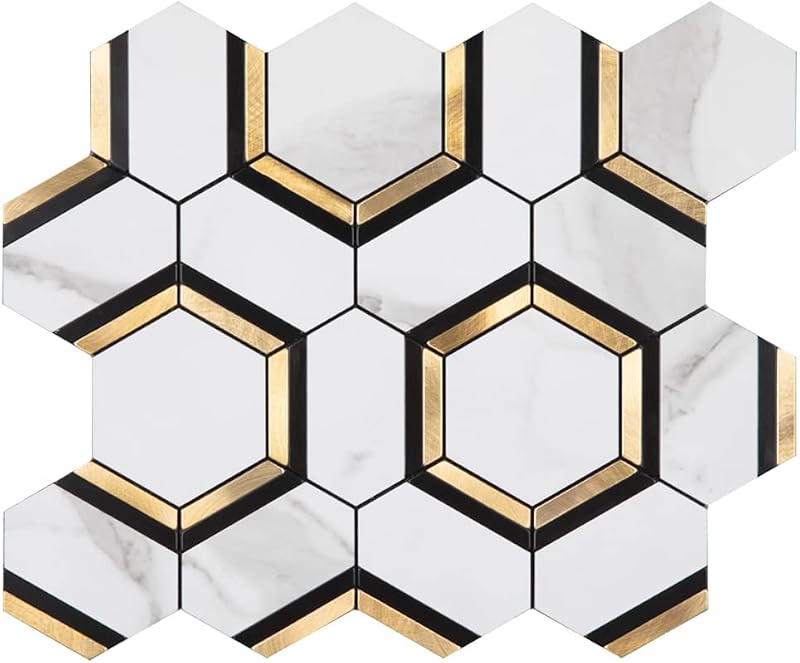 10 Azulejos adhesivos pared cocina baño blanco dorado