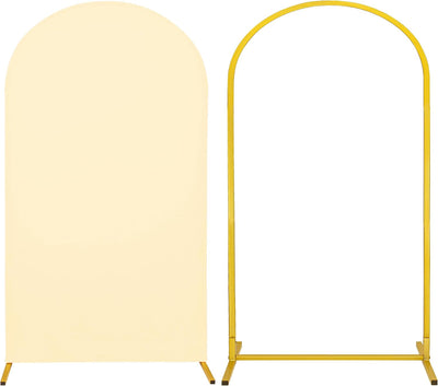 Soporte arco metal y telón elastano beige para bodas