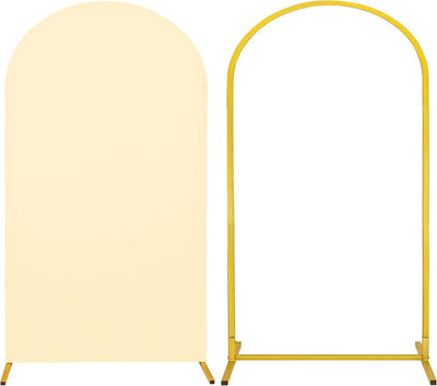 Soporte arco metal y telón elastano beige para bodas