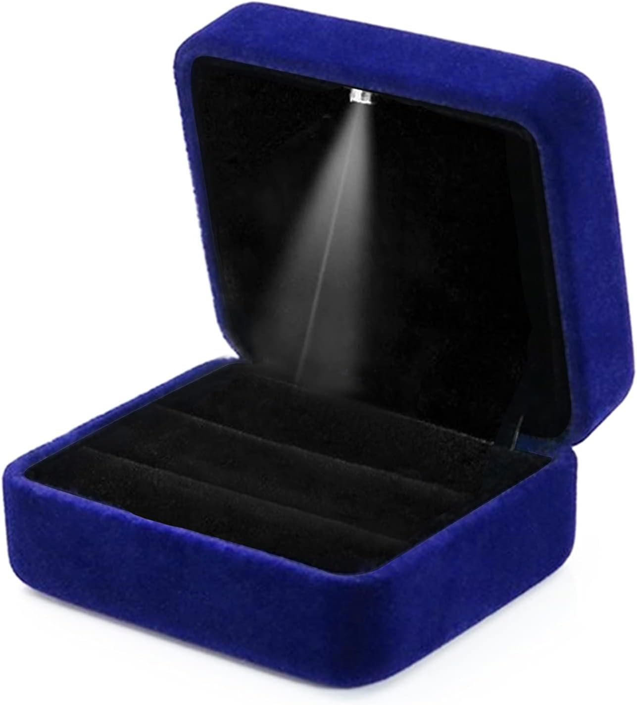 Caja terciopelo con luz LED para anillos ceremonia boda azul