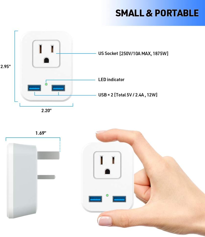 Adaptador enchufe tipo G EE.UU. a Reino Unido 2 puertos USB