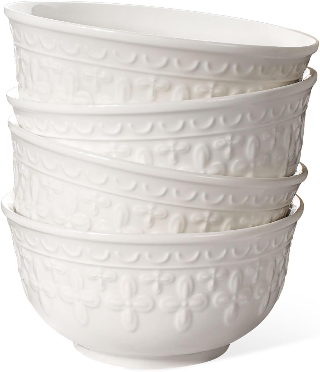 Set 4 Cuencos Cerámica 14oz Blanco Relieve