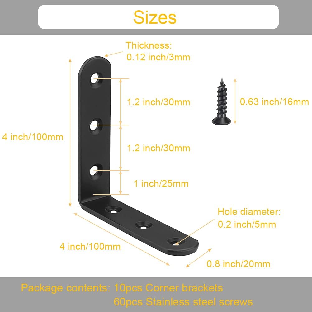 10 Abrazaderas Esquina L Negro 4pulg Acero Inox Soporte Estante