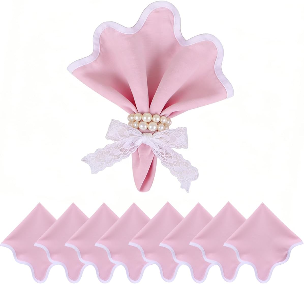 Set 8 Servilletas Lino Rosa Blanco 17pulg Hechas a Mano