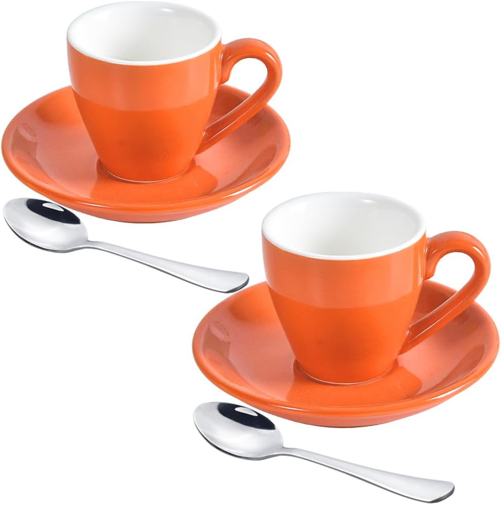Set 2 Tazas Espresso Porcelana con Platillo y Cucharas Acero Inox