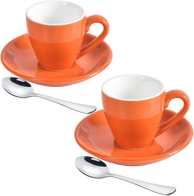 Set 2 Tazas Espresso Porcelana con Platillo y Cucharas Acero Inox