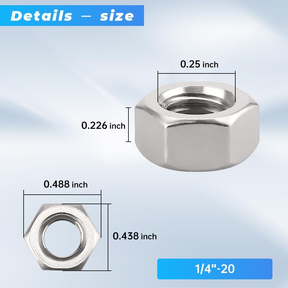 Tuercas hex acero inox 1/4-20 pulg paquete 100