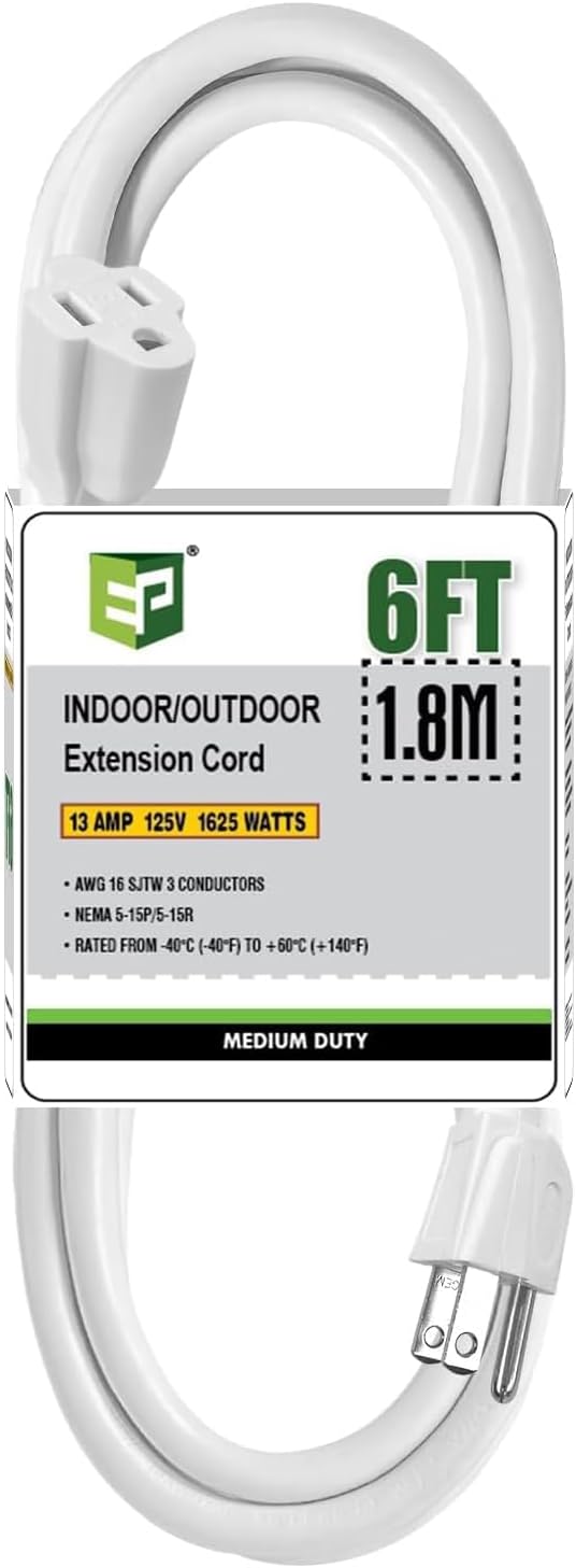 Cable extensión exterior 6ft SJTW 16/3 blanco enchufe tierra UL