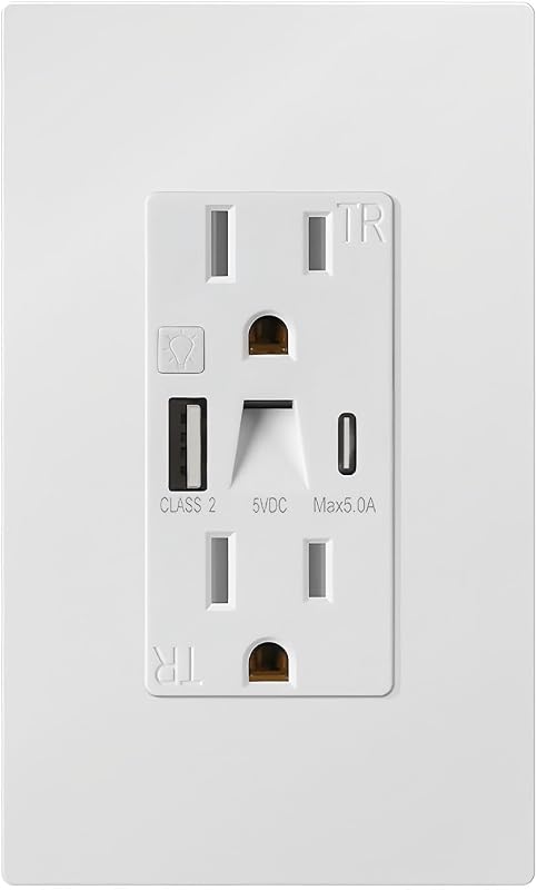 Toma corriente 15A con luz nocturna USB-A y USB C 5V/5A cert ETL