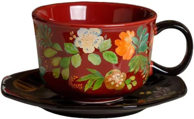 Juego taza y platillo de café floral rojo cerámica 9.5 oz
