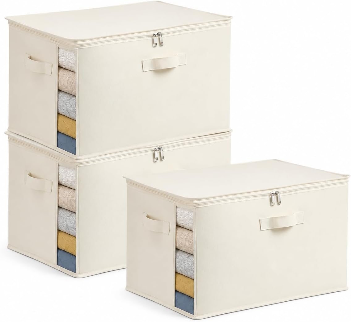 Bolsas lona almacenamiento ropa asas 70L set 3 beige
