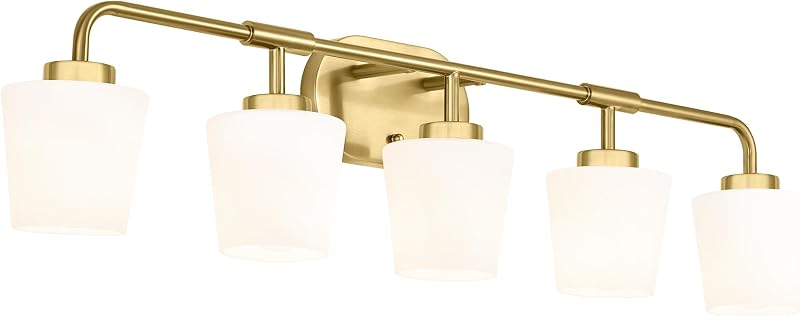 Lámpara baño 5 luces color dorado vidrio leche 38pulg