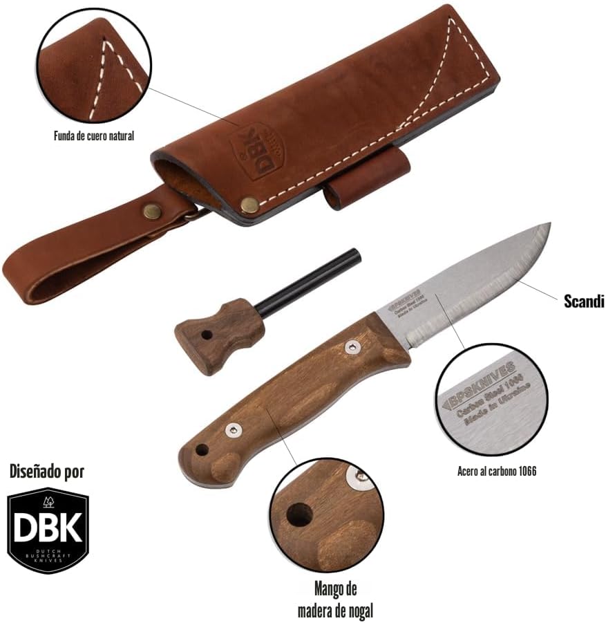 Cuchillo bushcraft acero carbono con funda cuero y