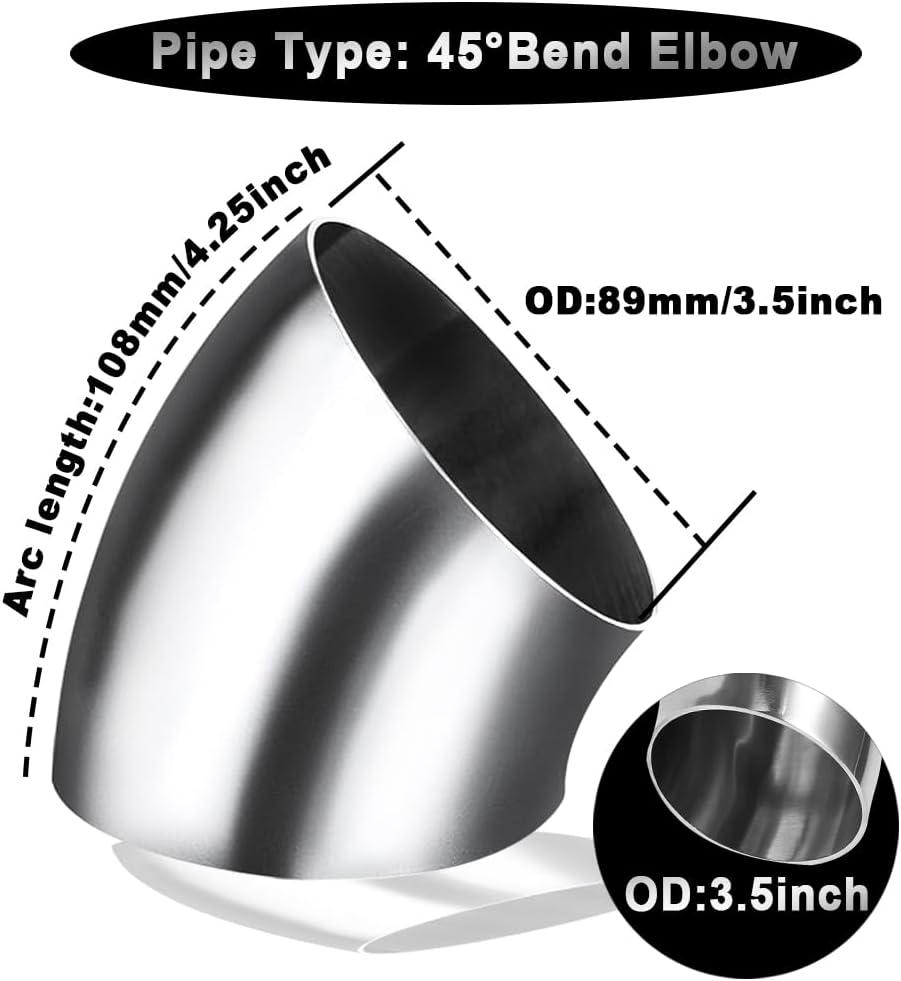 Codo escape acero inox 3.5" 45grados 4pcs tono plateado