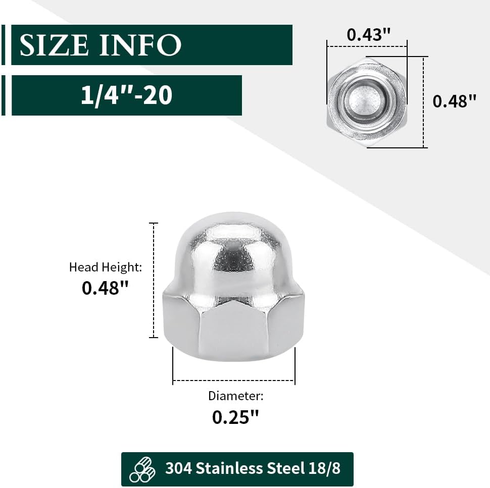 Tuercas hex 1/4-20 acero inox 304 18-8 brillante 30uds