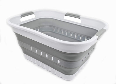 Cesta lavandería plástico plegable 30L 3 asas blanco/gris