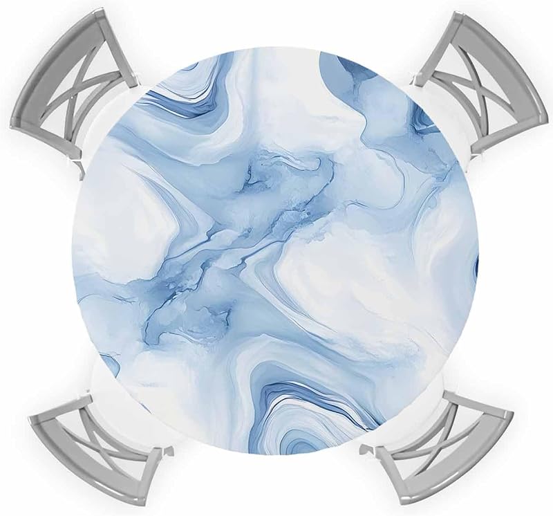 Mantel redondo azul y blanco textura mármol elástico impermeable