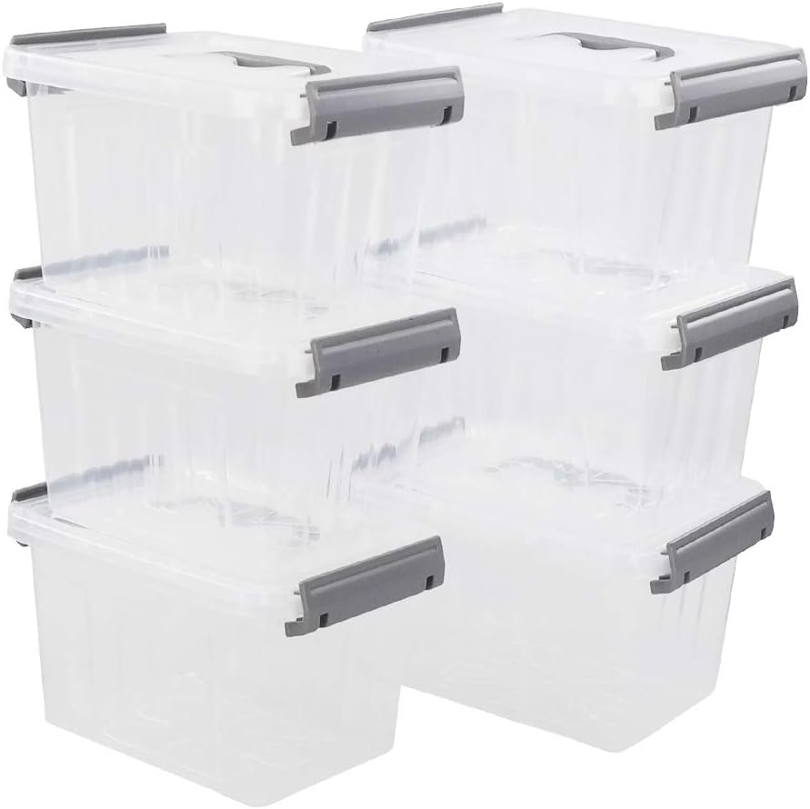 6 Pzas Cajas Plástico Transparente 3L Tapas Grises