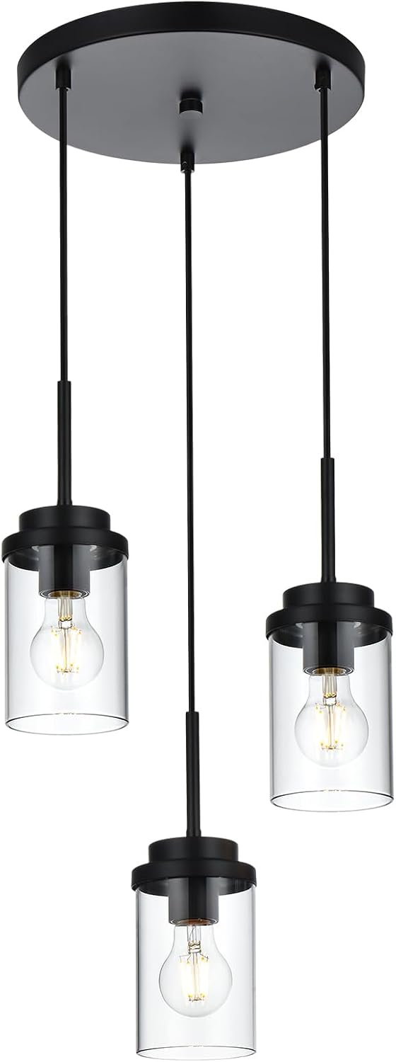 3 Luces Colgantes Negro Isla Cocina Vidrio Transparente