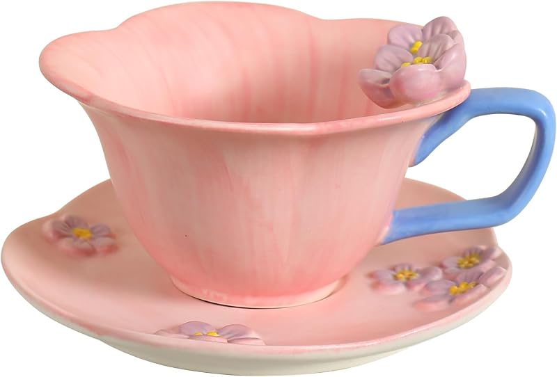 Taza cerámica rosa para té y café con platillo