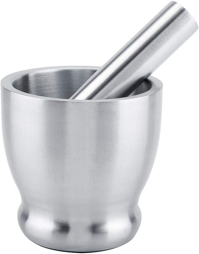 Set 2 Pzas Mortero Acero Inox Cepillado Trituradora Ajo