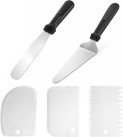 Juego de 5 piezas para hacer pasteles con espátula desplazada, servidor, nivelador y rebanador, color blanco